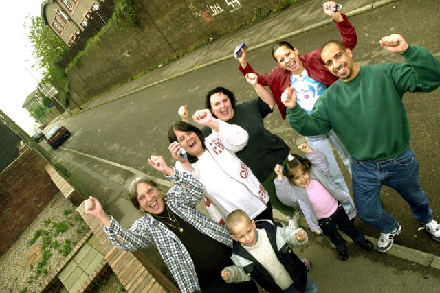 Pictured is Denise Mannion (Petition Organiser) with other residents of Fox Street, Burngreave after their 2001 victory with the City Council to have speed bumps installed on the road