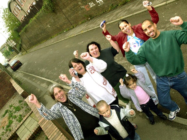 Pictured is Denise Mannion (Petition Organiser) with other residents of Fox Street, Burngreave after their 2001 victory with the City Council to have speed bumps installed on the road
