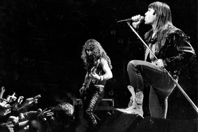 English heavy metal band Iron Maiden perform at Sheffield City Hall in October 1990