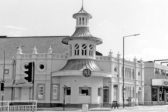 The Palais on London Road, Sheffield, at the junction with Boston Street, in 1990. The building was formerly the Lansdowne Picture Palace, which opened in 1914 and closed in 1940 after being damaged in the air raids. Over the years, the venue has also been a Marks & Spencer store, Mecca Dance Hall, the Locarno and Tiffany's nightclub. Today, it is a Budgens supermarket
