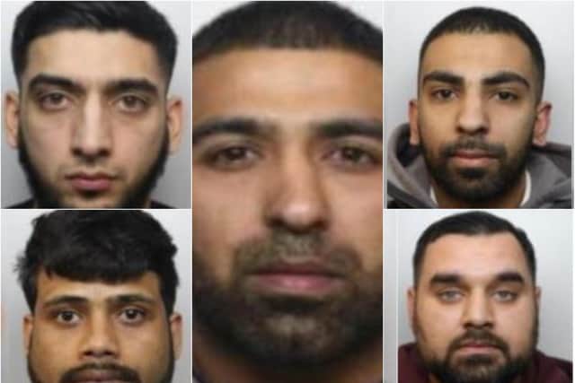 Five of the gang who have been jailed - centre is Mohammed Arsalan Hussain, while clockwise from top left are Aqeeb Hussain, Shazad Hassan,  Mohammed Noor and  Sajid Fiaz.