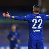 Chelsea's Moroccan midfielder Hakim Ziyech celebrates scoring his team's first goal during the UEFA Champions League round of 16 second leg football match between Chelsea and Atletico Madrid at Stamford Bridge in London on March 17, 2021: BEN STANSALL/AFP via Getty Images