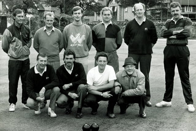 The Park Bowling Club team at the British Rail Club bowls green where the final of the Hallamshire Ledingham Bowls doubles was held in 1990
Bowling Club team l/r back row are, Robert Lowe, Derek Billard, Ian Damms, Chris Fowler, Keith Damms and Steve Marshall.
Front row l/r are, Trevor Downs, David Mallinson, Andrew Moore and Thomas Old, the team manager, 1990