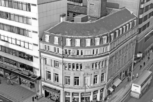 The corner of Leopold Street and Barker's Pool, in Sheffield city centre, in February 1987, showing the jewellery shop H. L. Brown and Royal London Insurance.