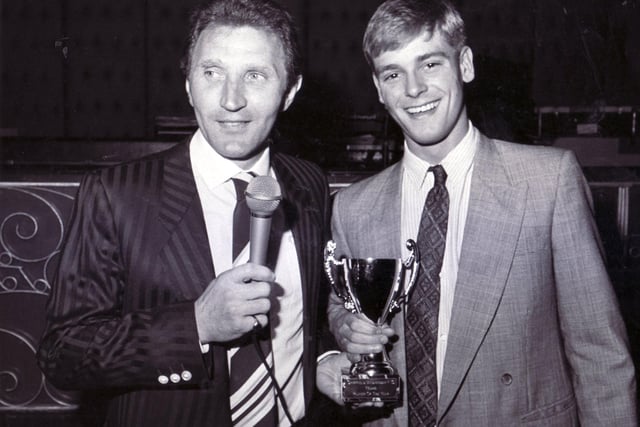 Junior Player of the Year, Carl Bradshaw, receives his award from manager, Howard Wilkinson, in April 1987