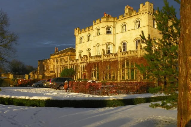 A view of the castle in the snow
