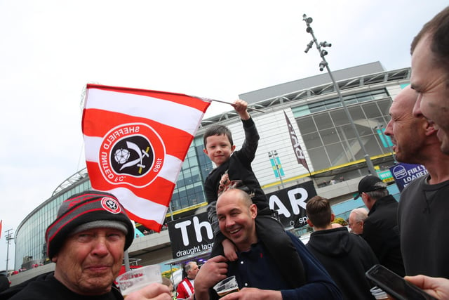 London, England, 22nd April 2023.  Sheffield United fans at Wembley during the The FA Cup match at Wembley Stadium, London.