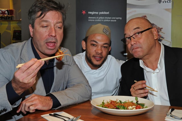Masterchef judges John Torode and Gregg Wallace are pictured trying the food at Wagamama in Meadowhall in 2012 - the place still scores highly on TripAdvisor.