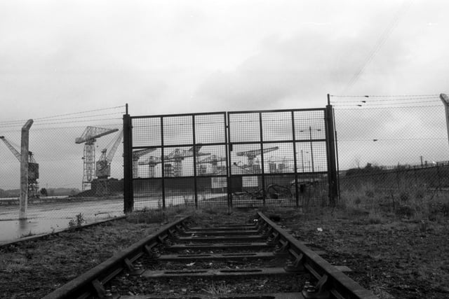 The gates of the unused Rothesay dock at Clydebank in August 1980.