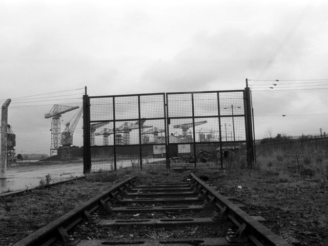 The gates of the unused Rothesay dock at Clydebank in August 1980.