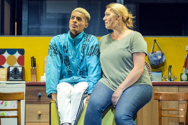 Sheffield-born actress Melissa Jacques starring as Margaret alongside Layton Williams as Jamie in Everybody's Talking about Jamie at the Apollo Theatre, London