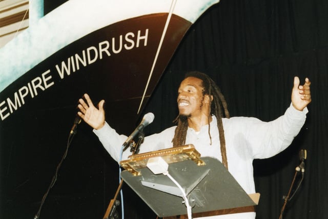 Poet Benjamin Zephaniah performing at Sheffield Windrush Celebration at Sheffield City Hall on 23 June 1998