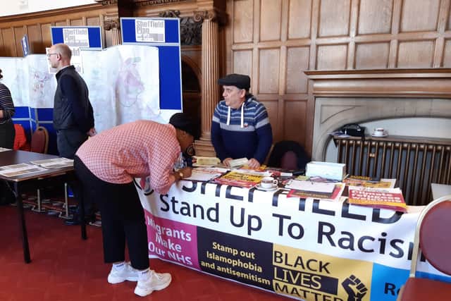 A Sheffield Stand Up To Racism stall at a Celebrating Diversity event held in Sheffield Town Hall