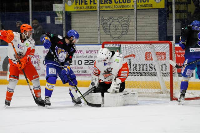 Sheffield Steelers goalie Rok Stojanvoic looks for the puck in Fife