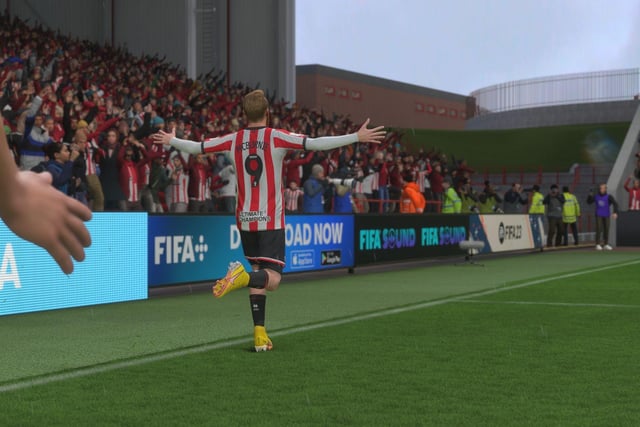 United's No.9 wheels away in-game after scoring at the Kop end. Interestingly Bramall Lane's Fifa representation doesn't have the commentary box in that corner of the ground, built after their promotion to the Premier League