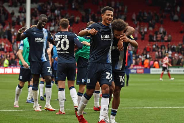 Huddersfield Town's Levi Colwill (left) and Sorba Thomas celebrate after the Sky Bet Championship match at Bramall Lane, Sheffield: Mark Kerton/PA Wire.