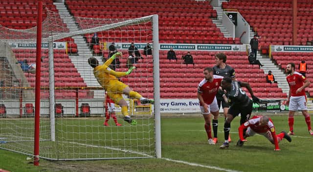 Fejiri Okenabirhie scores his, and Rovers', second goal at Swindon Town. Picture: Gareth Williams/AHPIX