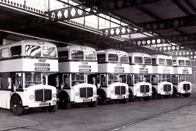 Inside Sheffield bus garage in 1959