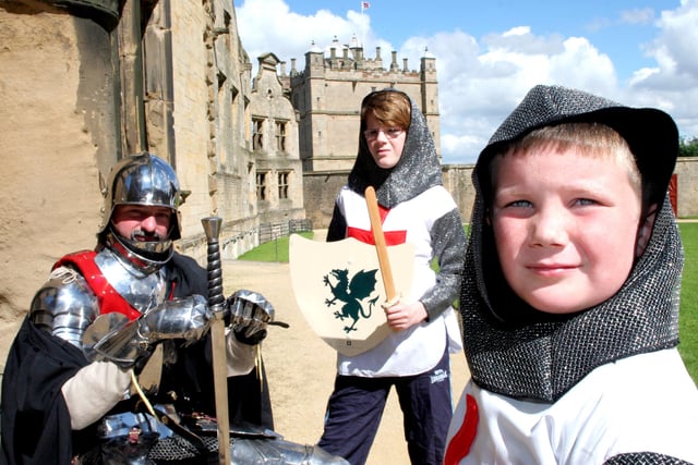 Knight school at Bolsover Castle, Knight Nigel Lamb with Stanfree residents Lauren and Joshua Pearce ages 12 and 7.