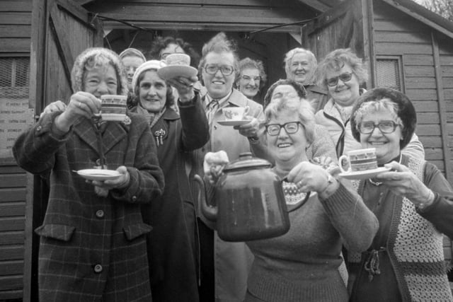 A farewell cuppa for some of the women at St Oswald's Church, Grindon, which was soon to be demolished.  The wooden hut in the housing estate fell into such a state of disrepair that it was to be levelled in 1982. Remember it?