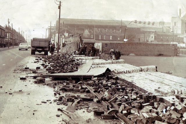 Sheffield hurricane damage on February 16, 1962 on Shoreham Street at the side of the Sheffield United Bramall Lane ground. The winds also toppled floodlight pylons