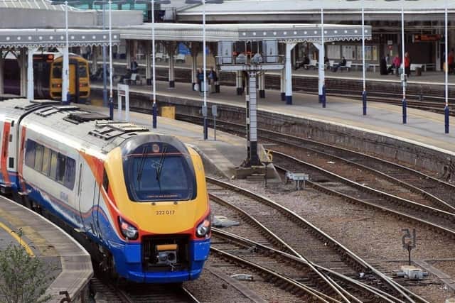 Trains pass through Sheffield station.