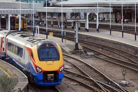 Trains pass through Sheffield station.