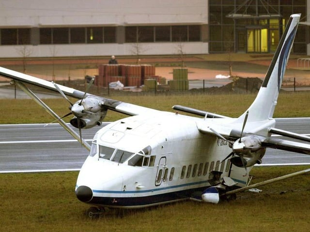 The scene at Sheffield City Airport after the tyre of an aeroplane burst with over 20 passengers and crew on board.
