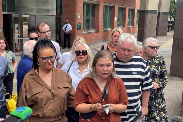 Harvey Willgoose's sister Sophie Willgoose (centre) reads a statement with her parents Caroline (left) and Mark Willgoose outside Sheffield Crown Court, after a 15-year-old boy was found guilty of his murder.