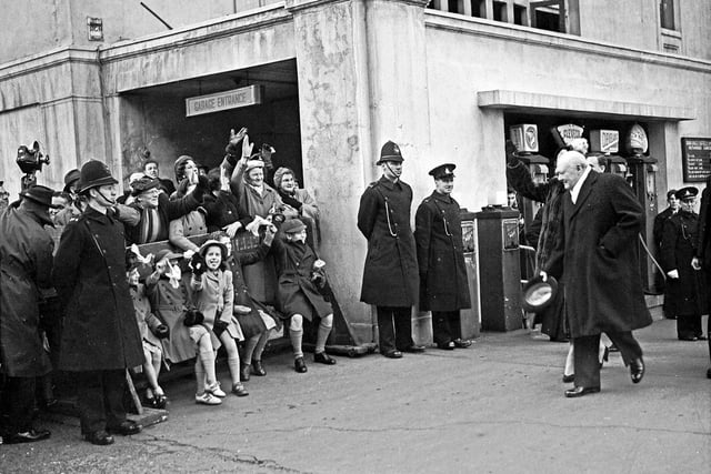 The crowds greet Prime Minister Winston Churchill at Sheffield Grand Hotel,  April 16,1951