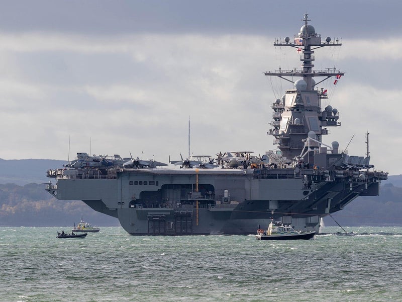 USS Gerald R Ford is a US Navy nuclear-powered aircraft carrier. She has visited the Solent in the past and is the biggest warship in the world, weighing just over 100,000 tonnes when fully loaded and being 337m long.