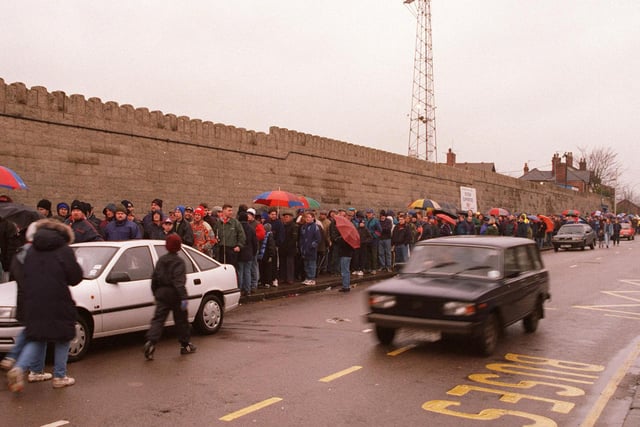 Here we see fans queuing up for tickets at the old Chesterfield FC Saltergate ground