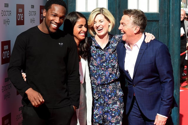 From left,  Tosin Cole, who plays Ryan, Mandip Gill, who plays Yaz, Jodie Whitaker, who plays The Doctor, and Bradley Walsh, who plays Graham, at the Doctor Who premiere screening at the Light cinema on The Moor, Sheffield in 2018