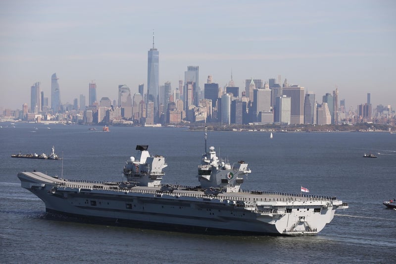 HMS Queen Elizabeth spent a week anchored in the Hudson River in view of Manhattan and the iconic New York skyline. Picture: PA Wire