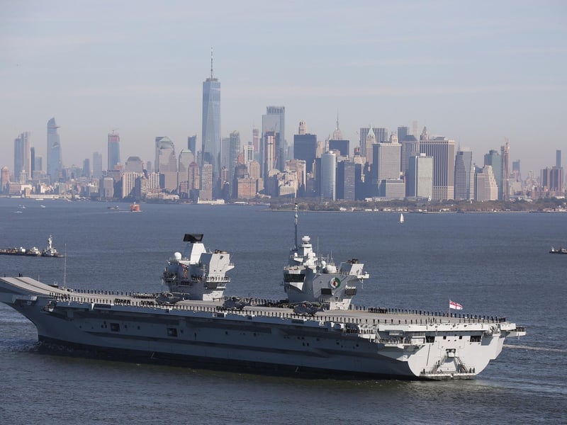 HMS Queen Elizabeth spent a week anchored in the Hudson River in view of Manhattan and the iconic New York skyline. Picture: PA Wire