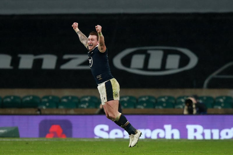 Stuart Hogg of Scotland celebrates following their side's victory after the Guinness Six Nations match between England and Scotland at Twickenham Stadium Photo by David Rogers/Getty Images