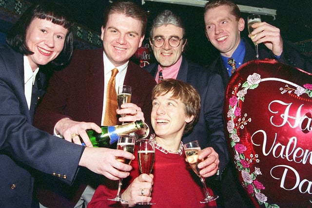 Competition winner Heather Smith (seated) celebrated winning the Valentine's Day competition  in 1998 with, from left, Warner Brothers' Debbie Ryde, Karisma manager Tom Maloney, Doncaster Star general manager Mike Davies, and Doncaster Yates Wine Lodge manager Phil Berg.