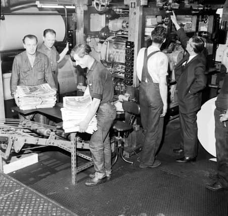 Copies of The Scotsman coming off the presses at North Bridge in September 1966.