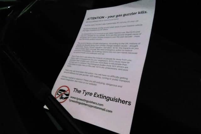 One of the letters left on vehicles in Sheffield and around the country which were targeted by climate activists from the Tyre Extinguishers group