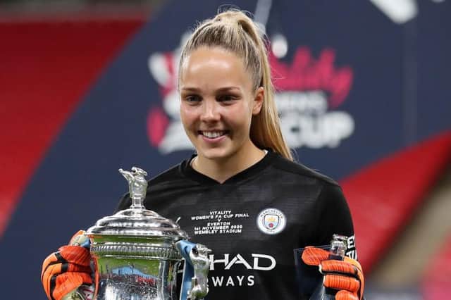 Ellie Roebuck celebrates winning the Vitality Women's FA Cup with Manchester City earlier this month. Photo: Catherine Ivill/Getty Images