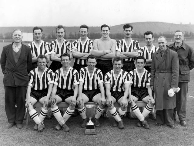 1958/59 Season Wiredrawers Cup Winners - the first team to win the Wiredrawers' Cup for Tinsley Wire. Standing, left to right: George Parkin, Nat Pearce, Pat Hannah, Ray Goff, Carl Royston, George Holland, Keith Phillips, Wilf Carter and Harry Royston. Seated: Harry McClarence, Chris Brough, Brian NcGovern (Capt), Eric McClaren, Ted Lill.