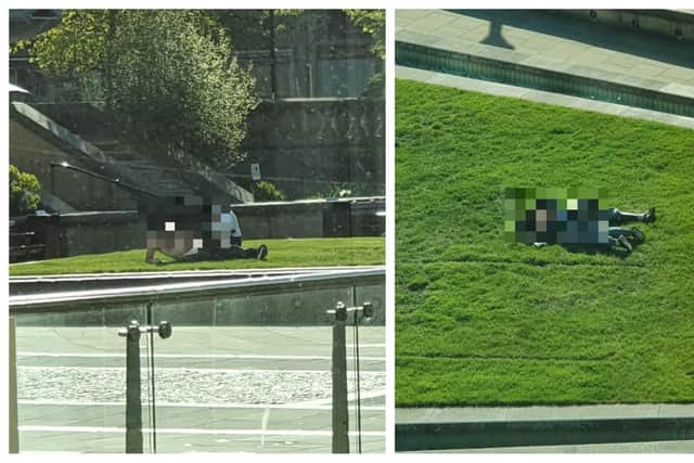 Sunbathers at Sheffield's Peace Gardens during the coronavirus lockdown