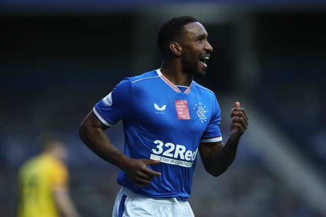 Jermain Defoe of Rangers celebrates after scoring his side's second goal during the Ladbrokes Scottish Premiership match between Rangers and Livingston at Ibrox Stadium.