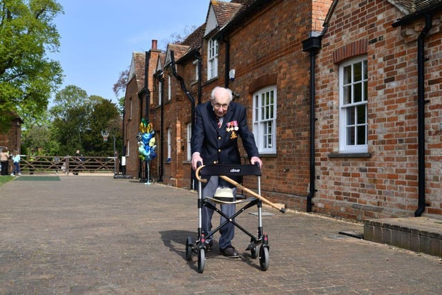 Captain Tom Moore completed 100 laps of his garden on April 16, 2020, in a fundraising challenge for healthcare staff that has "captured the heart of the nation". (Photo by Justin TALLIS / AFP)