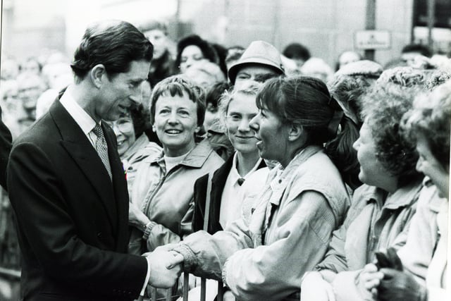 Prince Charles meets well-wishers outside the Cutlers Hall on a visit to Sheffield in November 1988