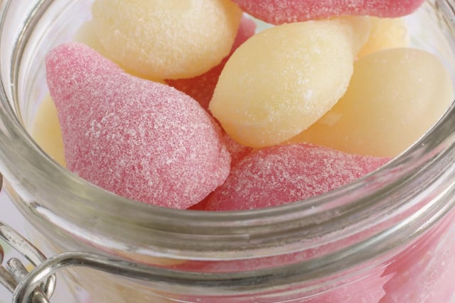 Pear Drops a classic British boiled sweet traditionally in pink and yellow and flavoured with  ethyl acetate to taste like pears. They were another product once made at Bassetts