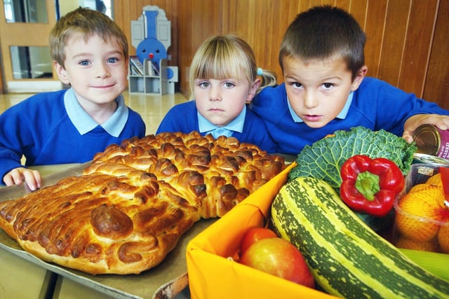 The Harvest Festival display at Hetton Primary School in 2003. Steven Ganley, Ellen Froud and Connor White were in the picture.