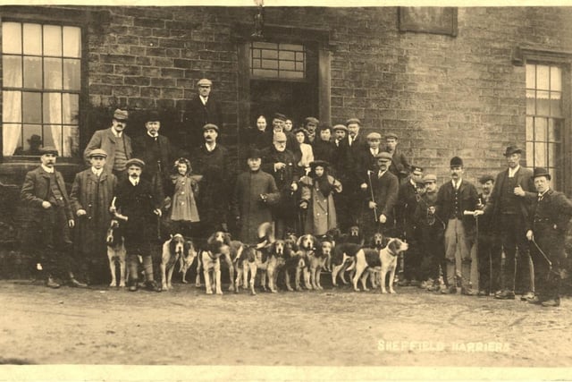 The Sheffield Harriers, circa 1900-1905 outside the Stanhope Arms at Dunford Bridge. This pub hosted the hunt’s Christmas and New Year Dinner before their hunting in the Dunford and Thurlstone Moors area over the festive period each year at the beginning of the 20th century
