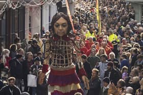 Little Amal, a 3.5-metre-tall puppet representing a migrant Syrian girl, is due to arrive in Sheffield on Friday, October 29 as part of an 8,000km journey across Europe (Photo by Dan Kitwood/Getty Images)