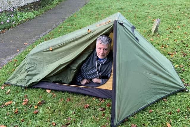 Tim Renshaw, who runs the Archer Project for rough sleepers, slept rough for two weeks as a fundraiser. He is pictured with his tent, used on two nights